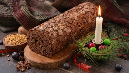 Yule log, apple, cereals, dried fruit, and a burning candle on green wheat, holiday spirit for Orthodox Christmas