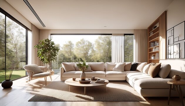 a stylish modern living room with minimalist design and soft natural light - Powered by Adobe