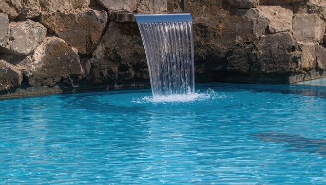Empty outdoor swimming pool with waterfall feature on a sunny summer day, ideal for relaxation and leisure