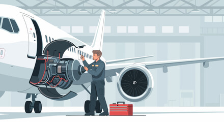 Aviation Technician Inspecting Aircraft Engine In Hangar