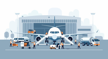 Busy Airport Scene With Airplane and Ground Crew in Action