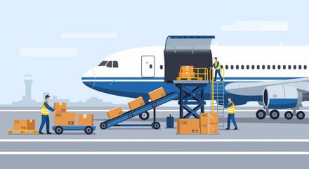 Cargo Airplane And Workers Loading Boxes Illustration Concept