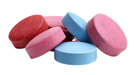 Vibrant colourful tablets arranged in scattered composition showcasing assorted medicine and supplement capsules for healthcare and pharmaceutical concepts isolated on white background