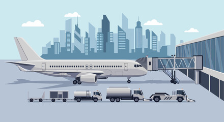 Commercial Airplane At Terminal Gate With Cityscape In Background