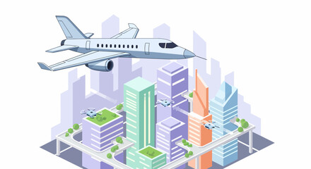 Futuristic Cityscape With Flying Plane And Autonomous Drone Delivery
