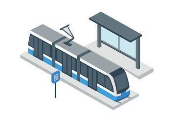 Modern light rail train stopped at a public transit station platform in isometric view © Andrei