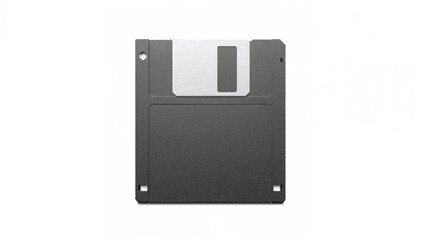 Grey Floppy Disk magnetic data storage device isolated against a white backdrop, retro computing utility,