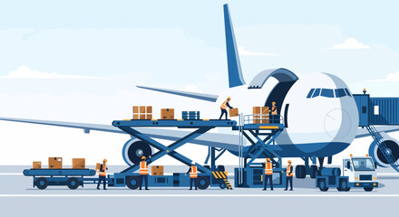 Loading Cargo Airplane With Boxes At The Airport Illustration