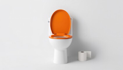 White toilet bowl featuring an orange lid alongside a toilet paper roll, designed for text placement, in observance of World Toilet Day