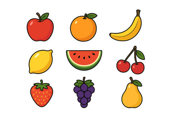 Colorful set of fresh ripe fruits: orange, banana, lemon, watermelon, cherry, strawberry, grapes, and pear