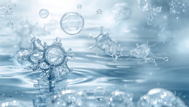 Molecule and bubble serum floating on water surface, highlighting the properties of hydration
