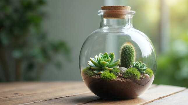 Peaceful terrarium in glass bottle with small cactus, succulent and moss. calm miniature garden on wooden table