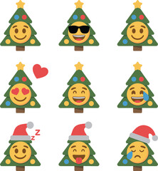Fototapeta premium Vector Set of Christmas Tree Emojis, Holiday Mascot Characters with Emotional Expressions