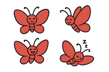 Set of four cute red butterfly characters showing happy, excited, flying, and sleeping poses