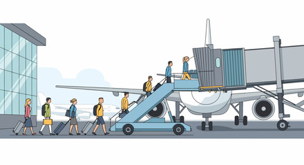 Travelers Boarding Airplane Through Jet Bridge At Airport Terminal