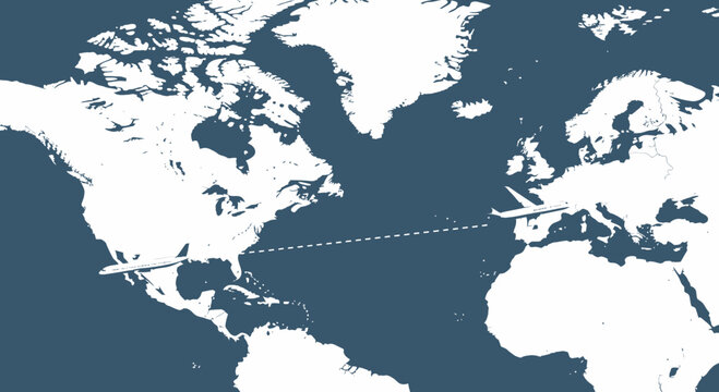 Transatlantic Journey Illustration With Earth Map And Airplane Route