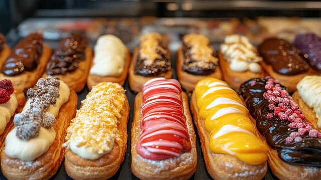 Variety of eclairs with colorful glazes, whipped cream, berries, and chocolate on top. Displayed in a bakery showcase. Sweet and tempting pastry assortment.