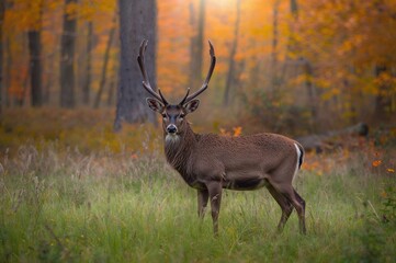 Powerful deer standing in vibrant autumn woodland