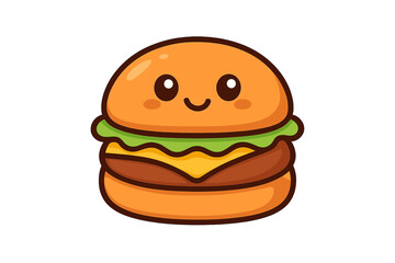 Smiling cheeseburger mascot character with big eyes and rosy cheeks isolated on white