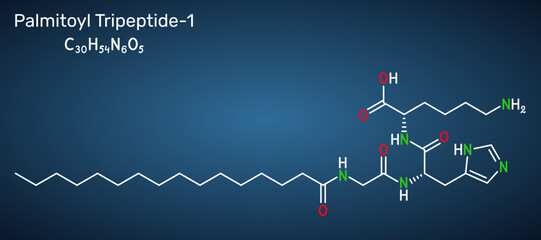Palmitoyl tripeptide-1, palmitoyl GHK molecule. Anti-aging cosmetic peptide. Skeletal chemical formula. Dark blue background. Vector illustration
