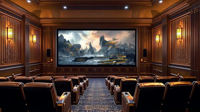 Luxurious empty home theater with large screen displaying mountain landscape and plush seating rows