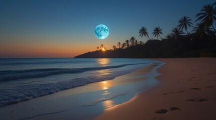  Blue moon rises above a serene and tranquil beach, casting gentle, soft reflections across warm, golden sands, under a calm, tropical dusk with a warm, golden glow, where the sky