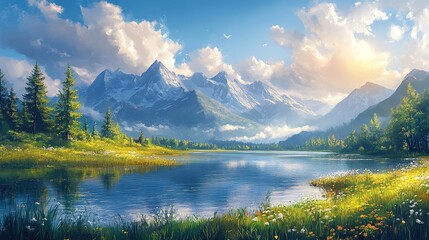 Clear Sky Snowy Mountain Lake & Meadow Background (Wildflowers, Pine Forest + Fresh Light) Healing Natural Decoration Design Background
