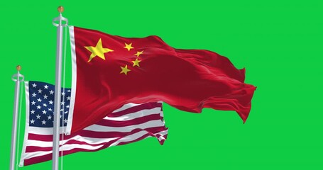 Chinese and American flags waving together isolated on green background - Powered by Adobe
