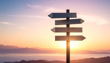 Directional Signpost With Blank Arrows Amidst Hazy Mountain Landscape During Golden Hour Sunset With Sun Rays Visible Behind Post