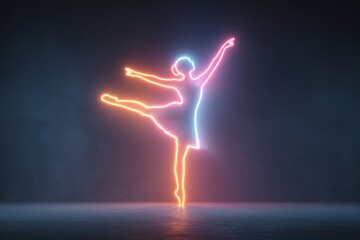 Naklejka premium Ballerina dancer outlined with colorful glowing neon light in a performing pose