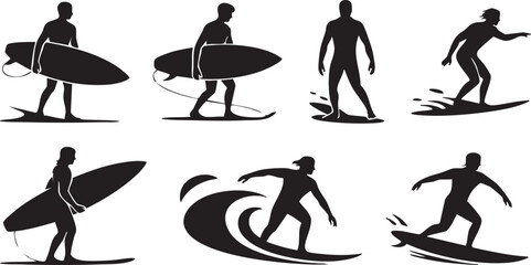 A collection of surfing silhouettes featuring different surf poses and actions. Ideal for sports, adventure, and ocean-themed designs.