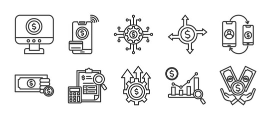 economic icon set collection in outline style. Icon pack contain economic, digital economy, online payment, digital money, transaction, money transfer, money, accounting
, profit growth, economics