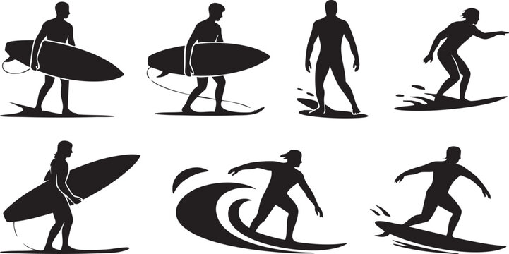 A collection of surfing silhouettes featuring different surf poses and actions. Ideal for sports, adventure, and ocean-themed designs. - Powered by Adobe