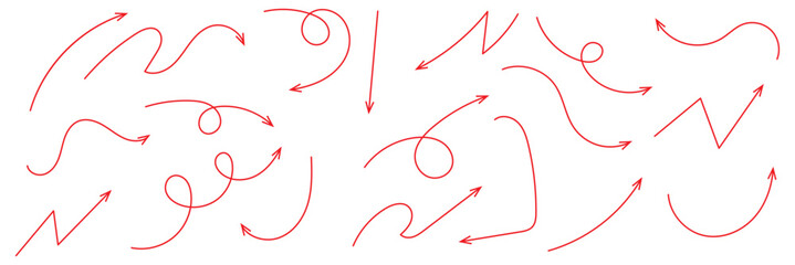 Hand drawn arrows icon set. Sketch curved arrows design. Arrow handmade. Doodle arrows of varios shapes and directions. Pointer and cursor icons.