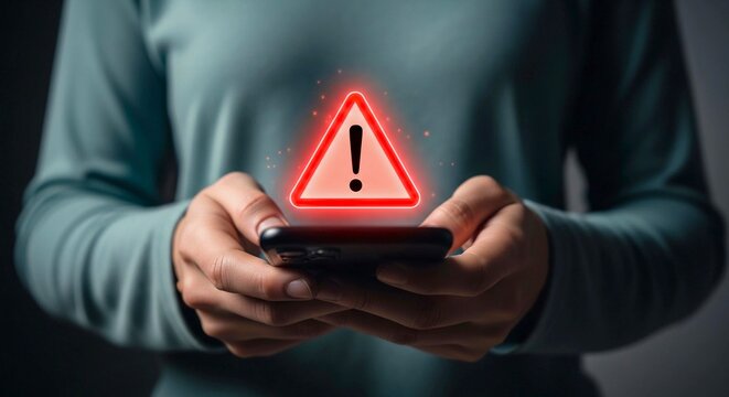 Woman holding a smartphone with a glowing red warning triangle icon, symbolizing a security alert, error, or scam.