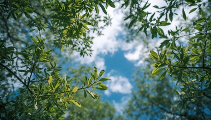 Obraz premium Bright blue sky with soft clouds, refreshing scene of greenery in summer