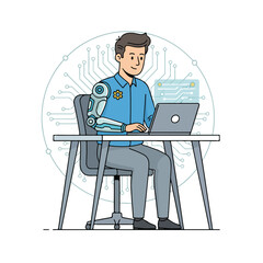 Future Tech Worker Man with Robotic Arm Coding at Desk