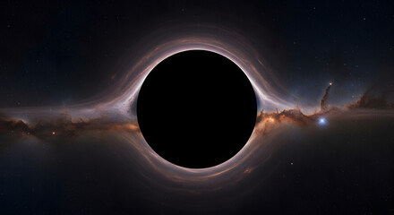 Dramatic black hole in deep space with swirling light and stars in the background