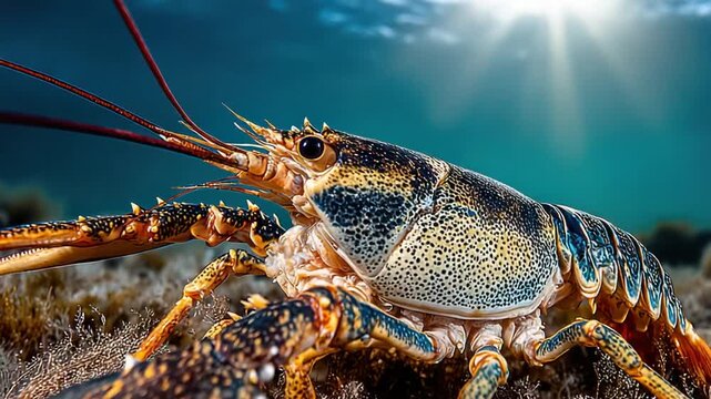 Underwater shot of a lobster with intricate patterns, bright colors, and sunlit water above