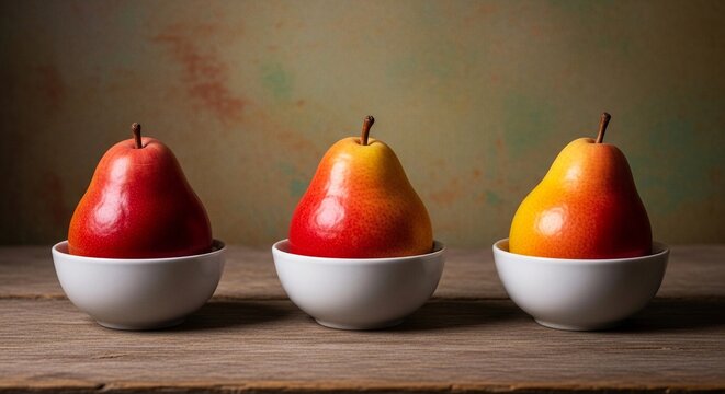 Three colorful pears in white bowls on a wooden surface.