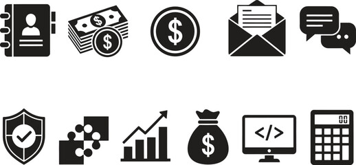 Business and finance icons representing different aspects of company management