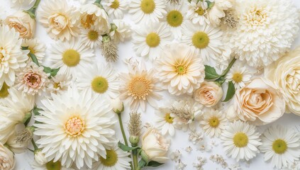 Collection of elegant white flowers including dahlia, rose, and peony arranged on a white surface, ideal for editorial header background