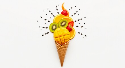 Creative fruit arrangement in a waffle cone resembling an ice cream dessert with chocolate sprinkles on a white background.