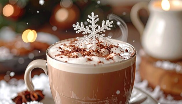Cozy Winter Hot Chocolate with Snowflake Topper and Cinnamon Dust Cozy Festive Drink with Warm Steam and Soft Bokeh Lights in the Background