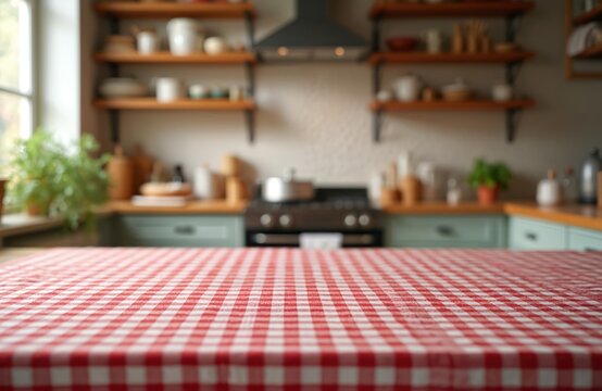 Red white checkered tablecloth covers kitchen table. Blurred modern home kitchen background shows shelves, stove, window, plants. Empty surface for food, product placement. Rustic cozy design for
