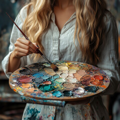 Artist holds a vibrant color palette while preparing to paint in a cozy studio setting ai, artist, palette, paint, studio, woman, brushes, color, creativity, art, supplies, preparation, wooden, painti