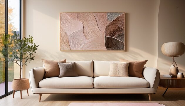 modern living room with neutral sofa and abstract art featuring clean lines and natural textures in soft light