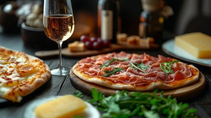 Delicious pizza variety served on a wooden table with wine and cheese at a cozy restaurant ai, pizza, ham, arugula, cheese, wine, restaurant, gourmet, dinner, wooden, table, cozy, food, cuisine, grape
