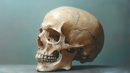 Detailed human skull displayed on a neutral background highlighting its complex structure and features ai, skull, human, anatomy, profile, forensic, science, biological, study, skeletal, structure, ag
