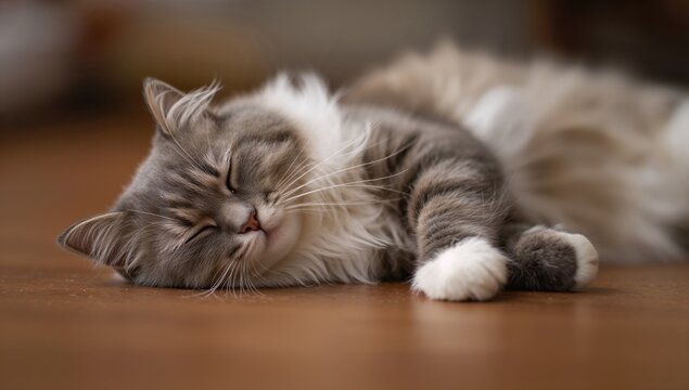 Portrait of a domestic cat resting on the floor, illustrating relaxation